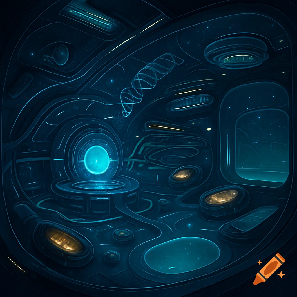 A dark, futuristic spaceship interior with glowing blue and gold lights, abstract swirling patterns, and a central blue orb, in a drawing style.