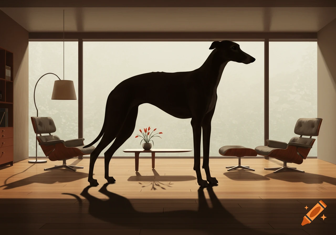 A dark silhouette of a Lurcher dog standing in profile in a midcentury modern room with large windows and furniture.