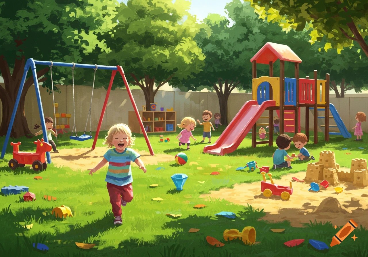 Vibrant illustration of happy children running and playing in a colorful outdoor playground with swings, slides, sandcastles, and toys.