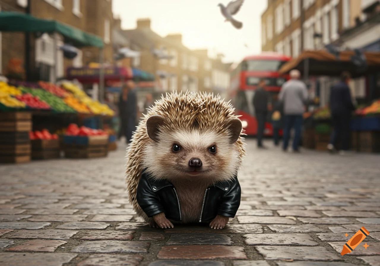 A photorealistic hedgehog wearing a black leather jacket stands on a cobblestone street with a blurred city market behind it.