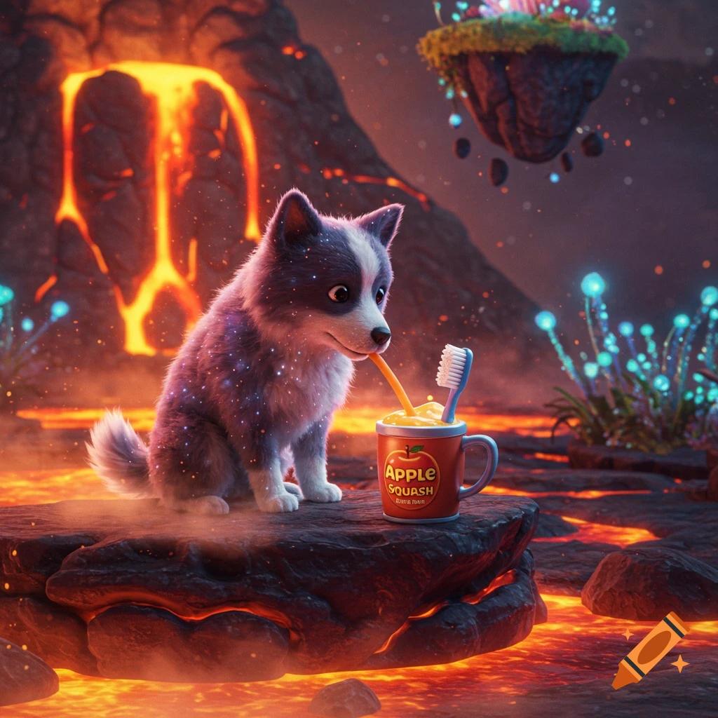 A cute dog drinks from a red 'APPLE SQUASH' cup with a straw and toothbrush in a vibrant, magical lava landscape.