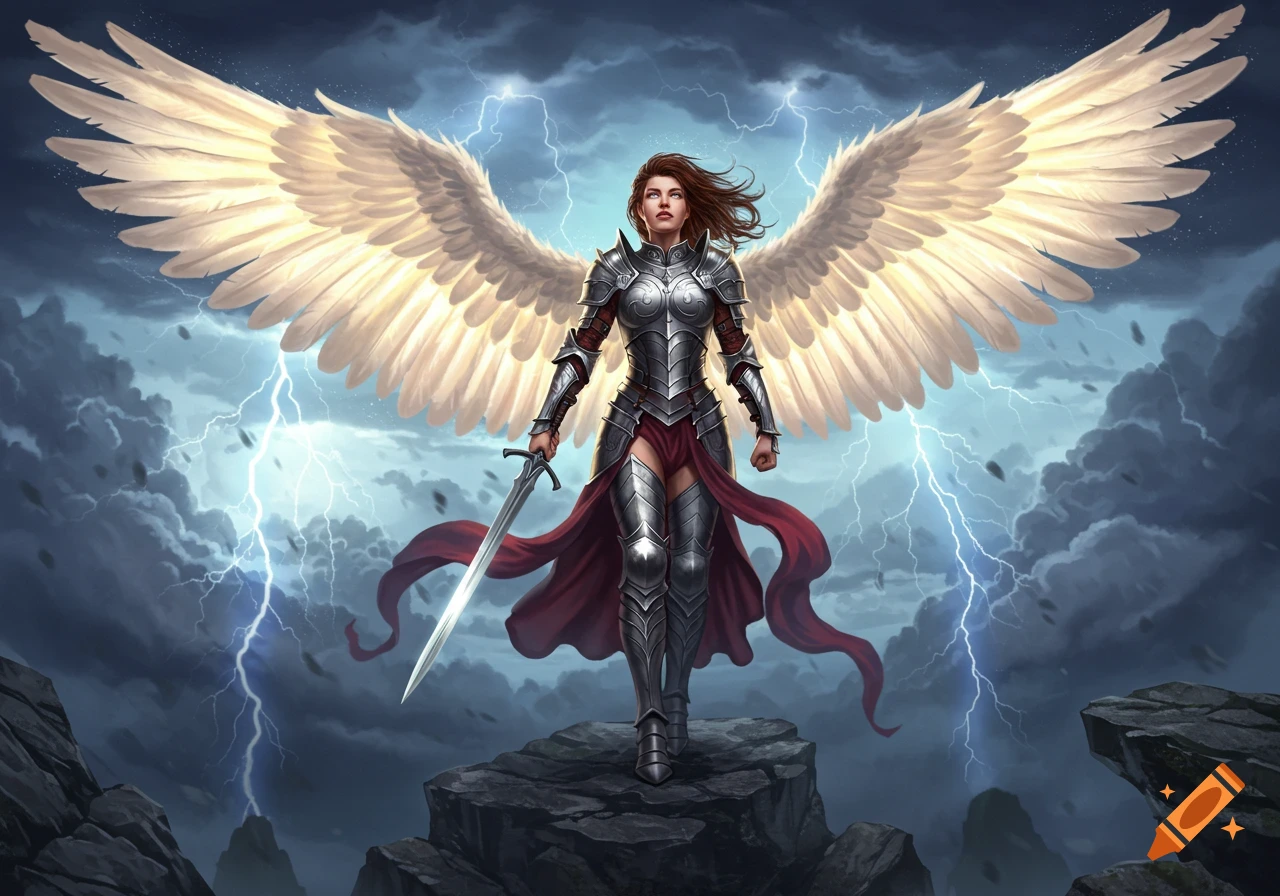 Female angel warrior in ornate armor holding a sword on a rocky cliff under a stormy sky with lightning.