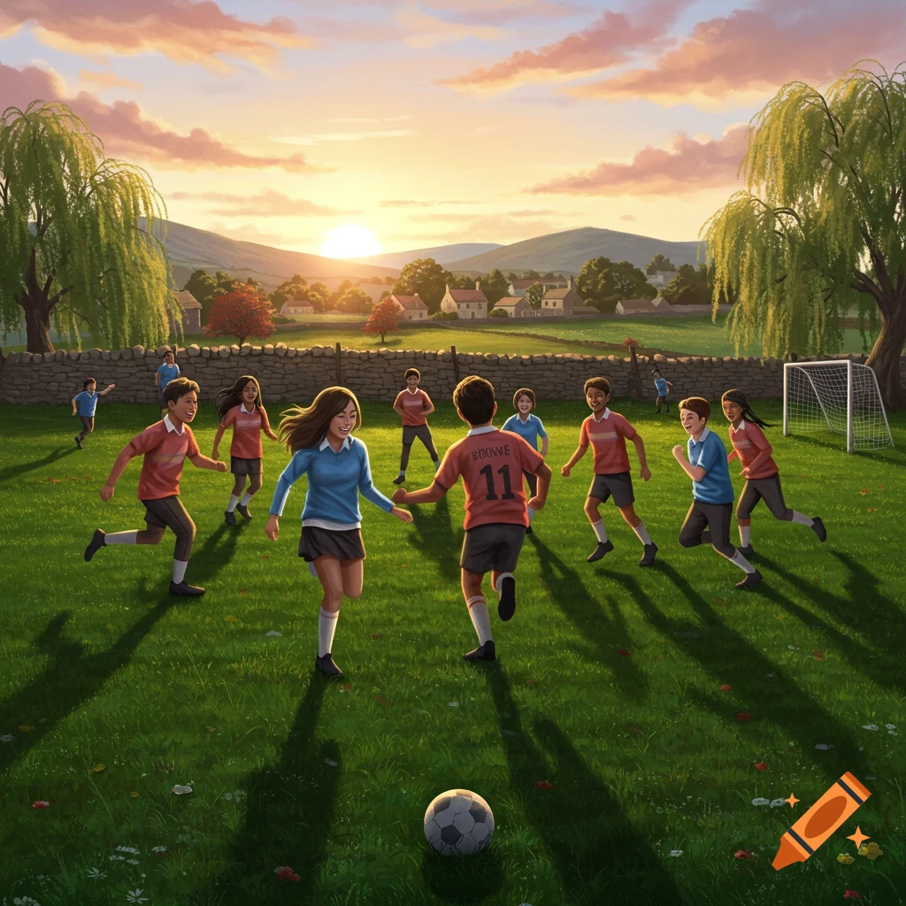 Children play soccer in a grassy field with a village and sunset in the background.