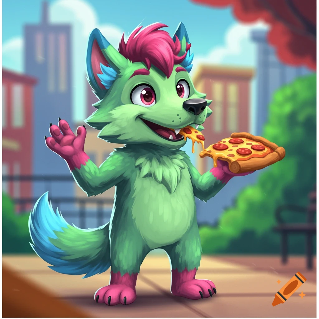 A cartoon anthropomorphic green wolf with pink and blue accents happily eats a slice of pizza in a city setting.