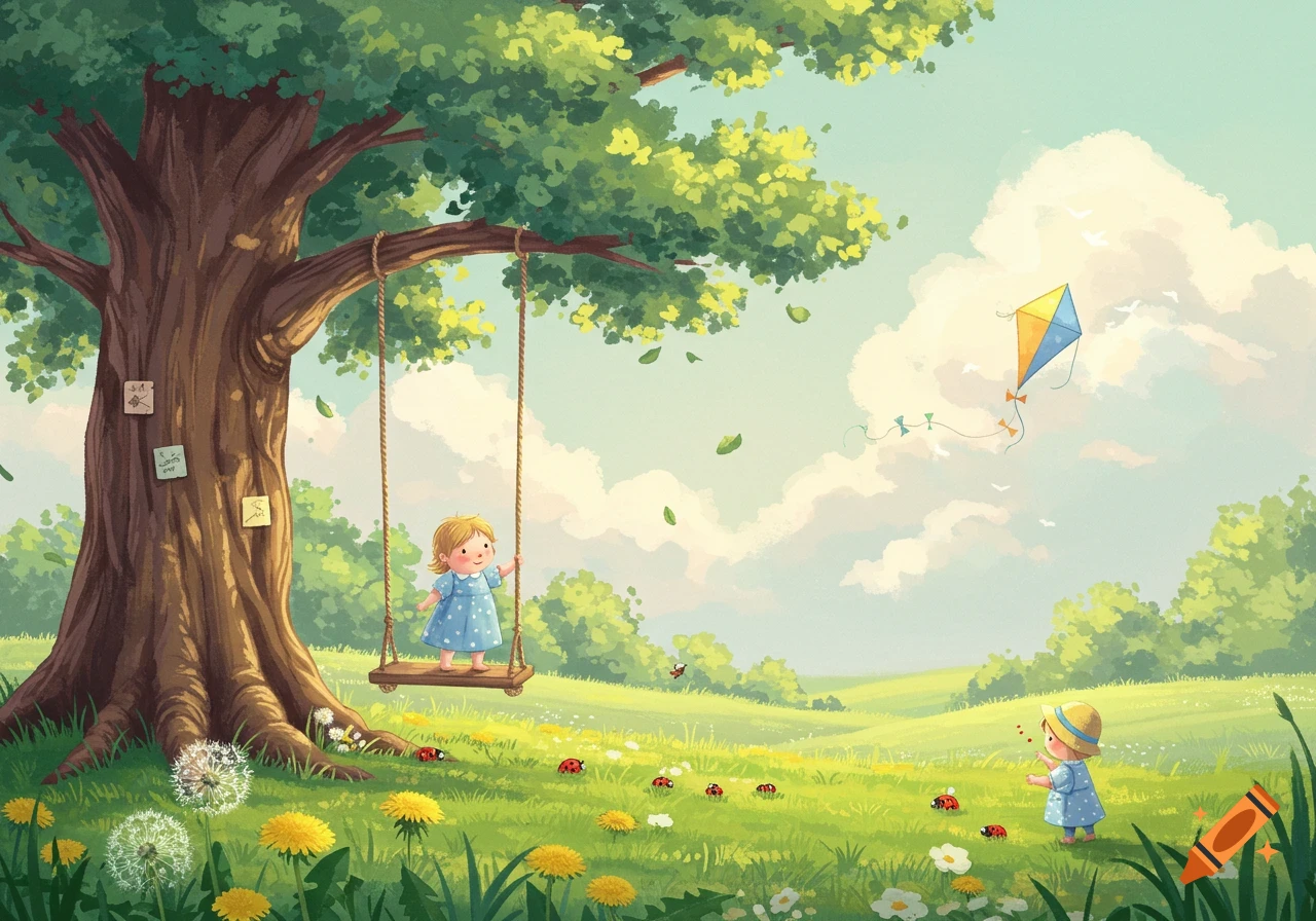 A soft illustration of two young girls in a sunny, green field with a large tree and a kite flying. One girl swings while the other plays with ladybugs.