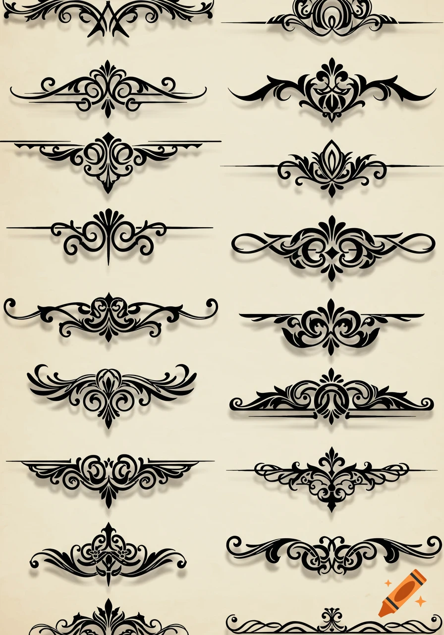A grid of various black ornamental page divider lines with scrollwork and  flourishes on a light background. on Craiyon, image size:896x1280