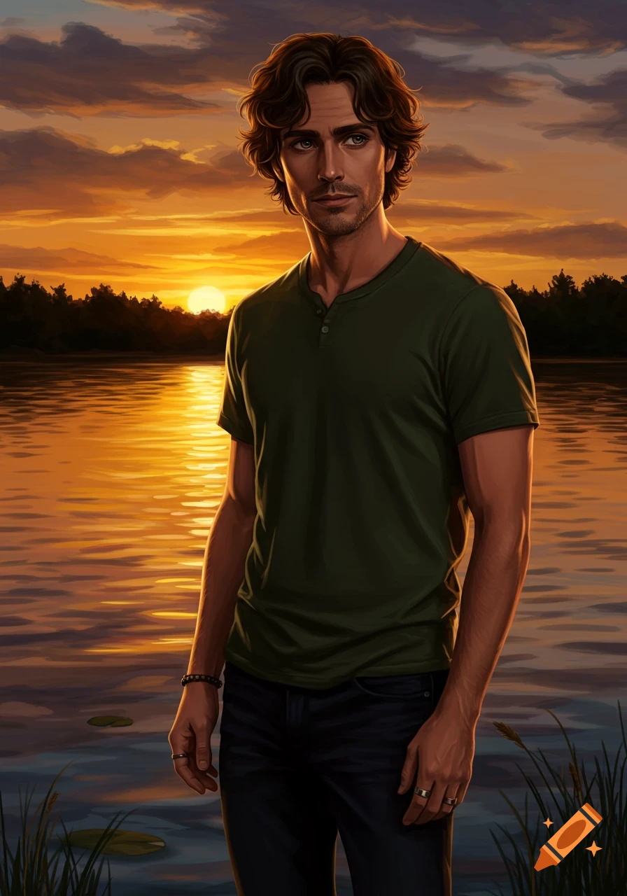 A man with wavy dark brown hair and hazel eyes stands by a lake at sunset, wearing a green shirt and dark jeans.
