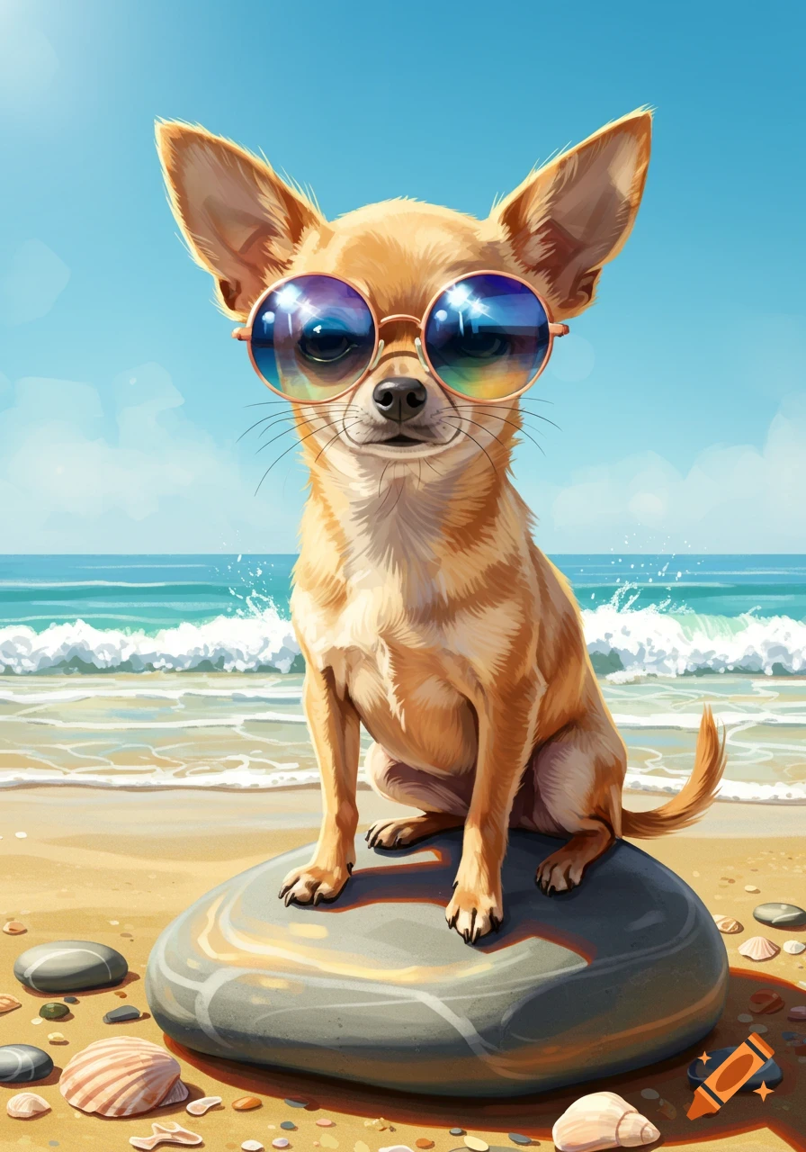 A cute chihuahua wearing rainbow-reflective sunglasses sits on a grey rock on a sunny beach with waves crashing.