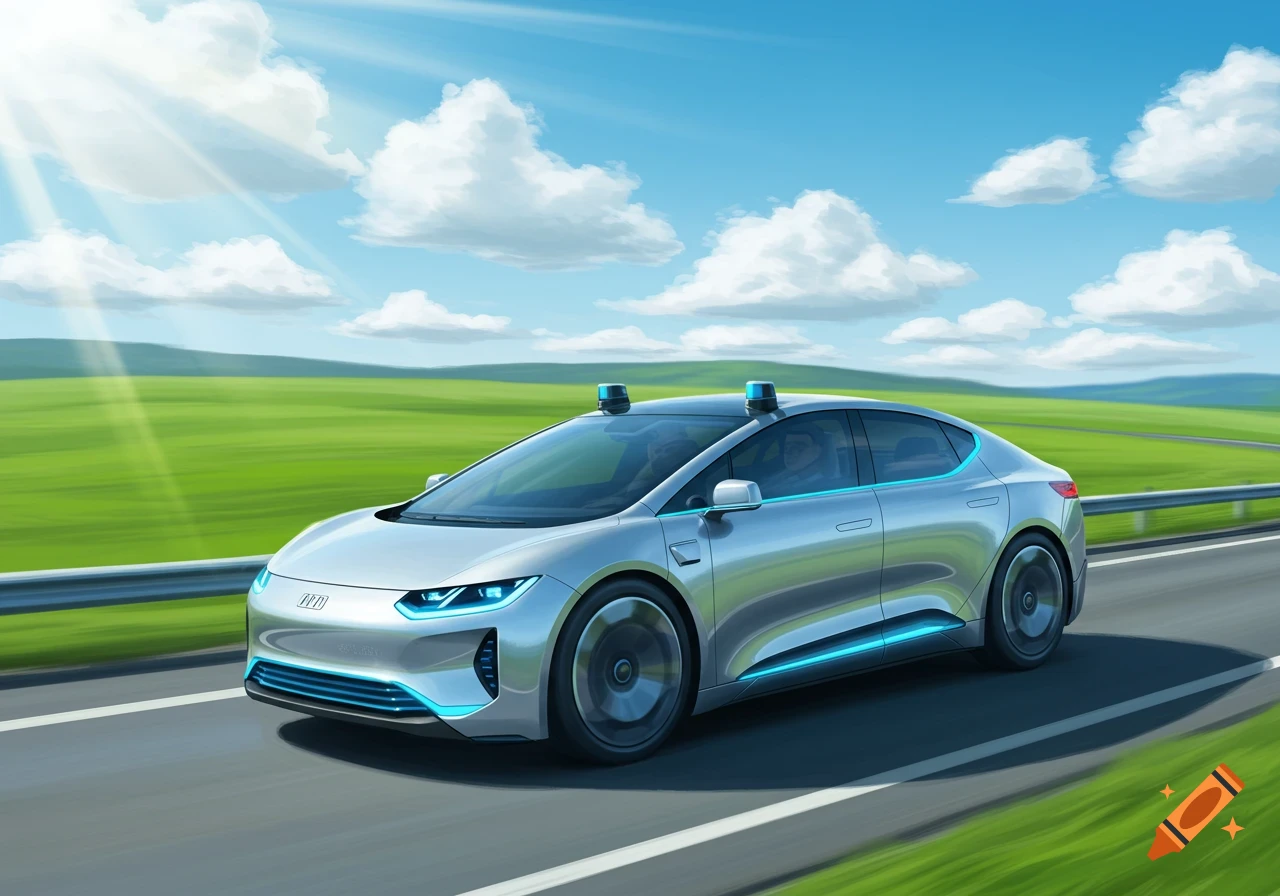 A silver futuristic autonomous car with blue lights drives on a highway through a green landscape under a sunny sky.