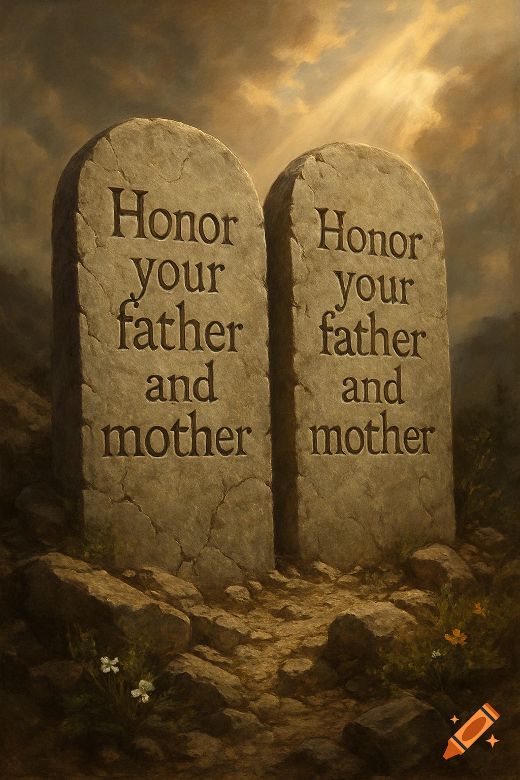 Two stone tablets engraved with 'Honor your father and mother' on a rocky path under a dramatic, sunlit sky.