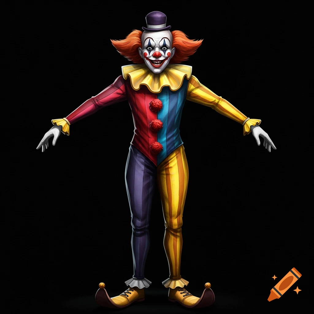 A sinister clown in a colorful harlequin costume and a top hat stands in a T-pose against a black background. Stylized game art.
