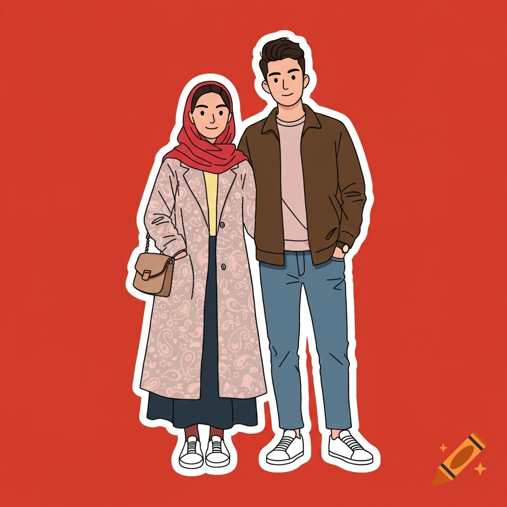 Cartoon sticker of a modern Iranian couple. A woman in a red hijab and patterned coat stands next to a man in a brown jacket and jeans.