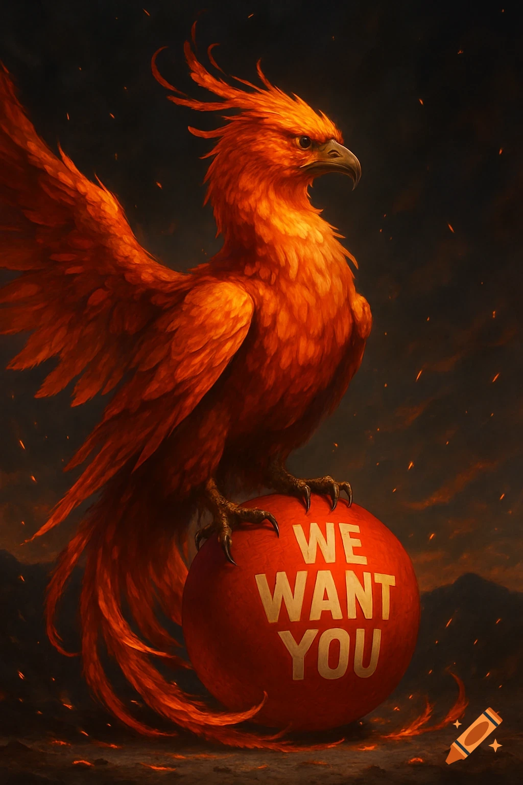 Vibrant orange phoenix with outstretched wings stands on a red ball with 'WE WANT YOU', against a dark, fiery background.