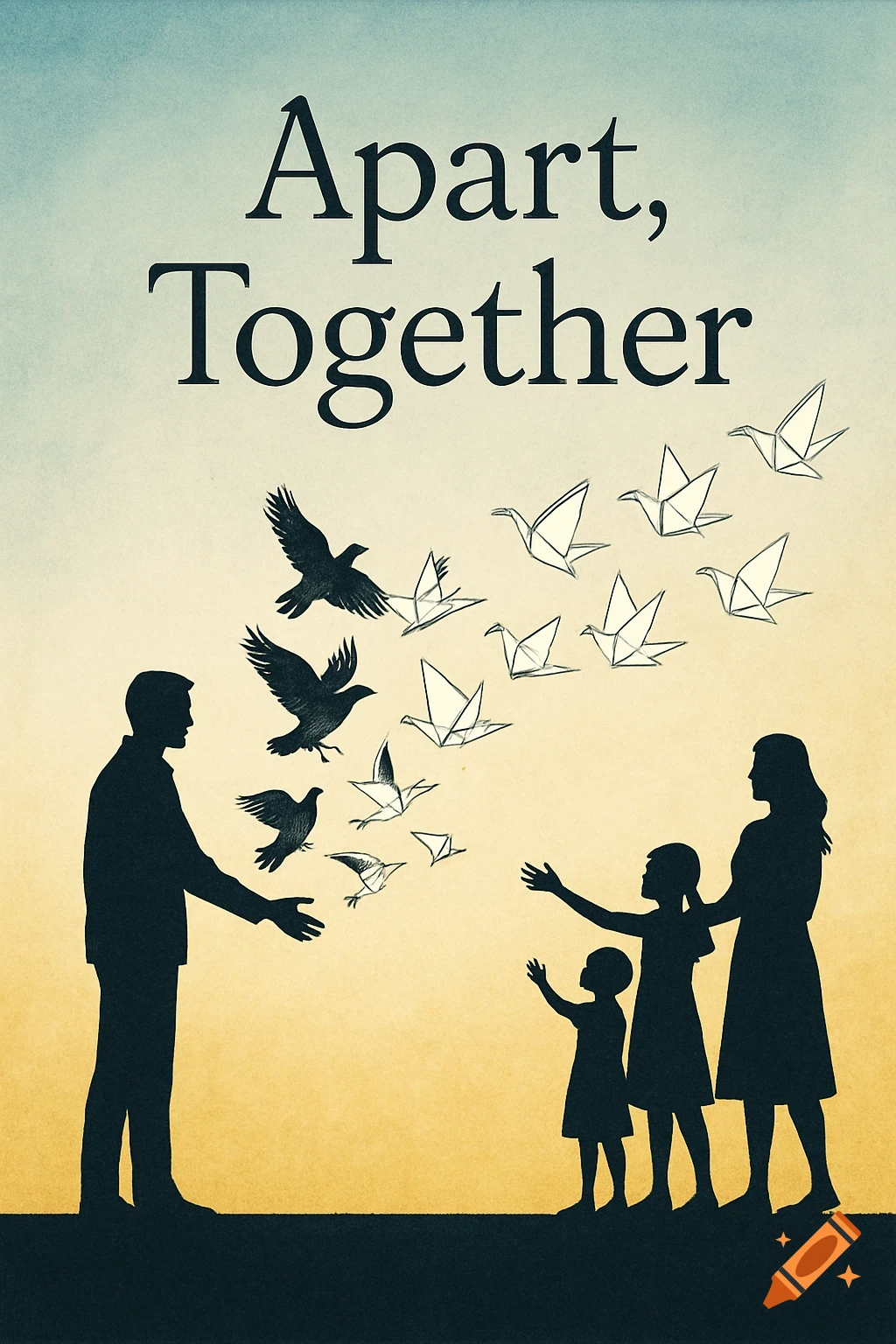 Stylized illustration of a man, woman, and two children as silhouettes with birds flying between them, under the title "Apart, Together".