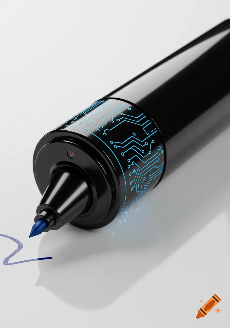 Close-up of a black marker with a blue circuit board design and small camera lens, drawing a blue line. Photorealistic.