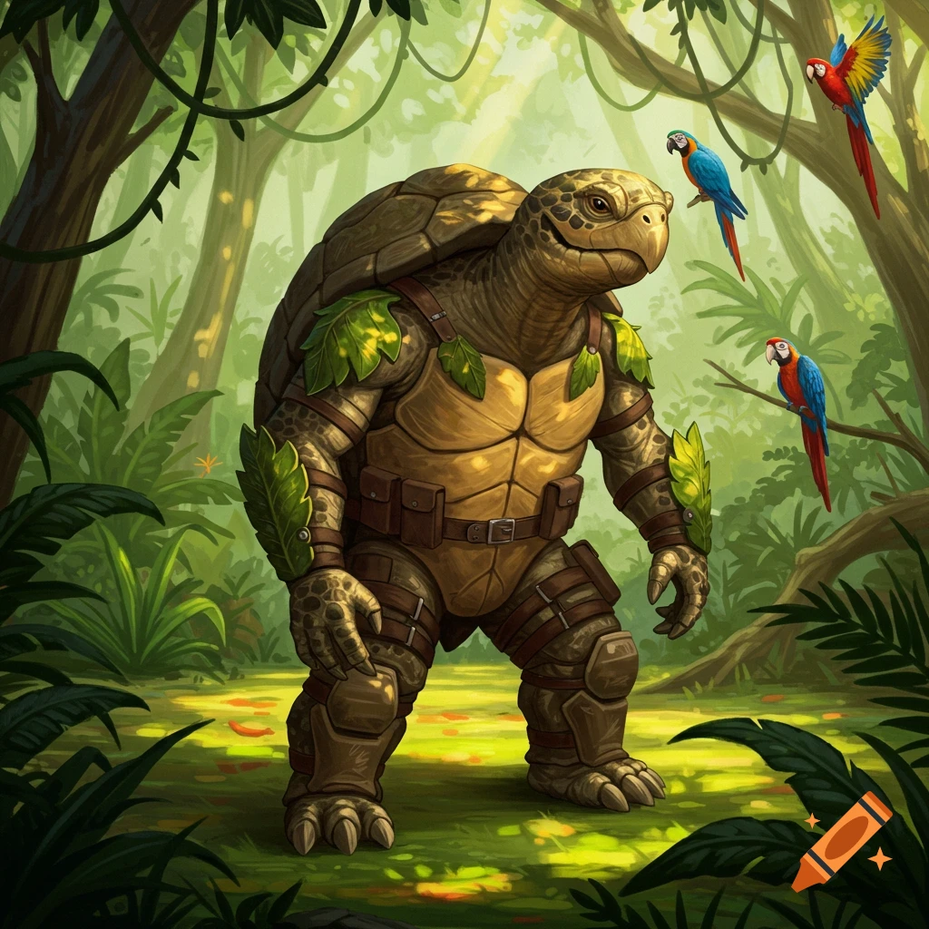 A powerful turtle soldier stands in a lush jungle, wearing armor and leaf decorations, with parrots flying and perched on branches.