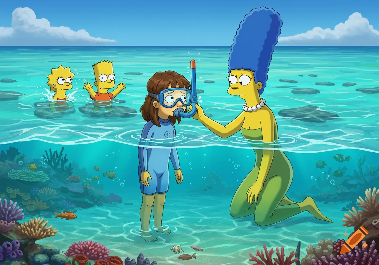 Cartoon Marge Simpson helps a girl with a snorkel in clear ocean water, with Bart and Lisa splashing nearby over a coral reef.