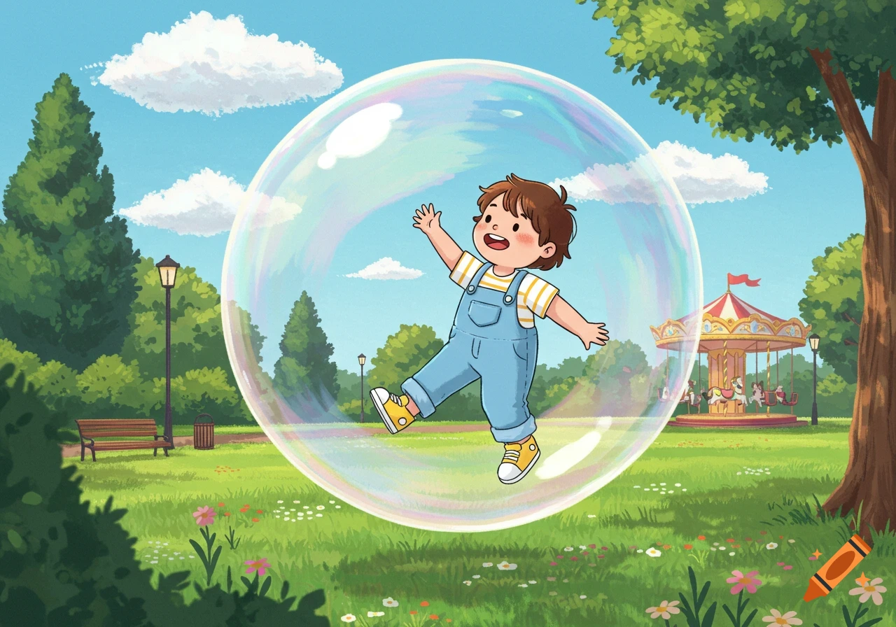Cartoon illustration of a happy child in blue overalls inside a large iridescent bubble floating in a sunny park with a carousel.