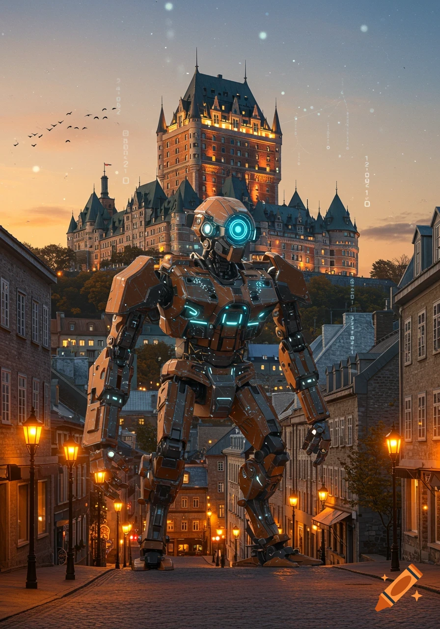 A large orange and grey mecha robot stands in a cobblestone street of an old city at sunset, with a grand castle in the background.