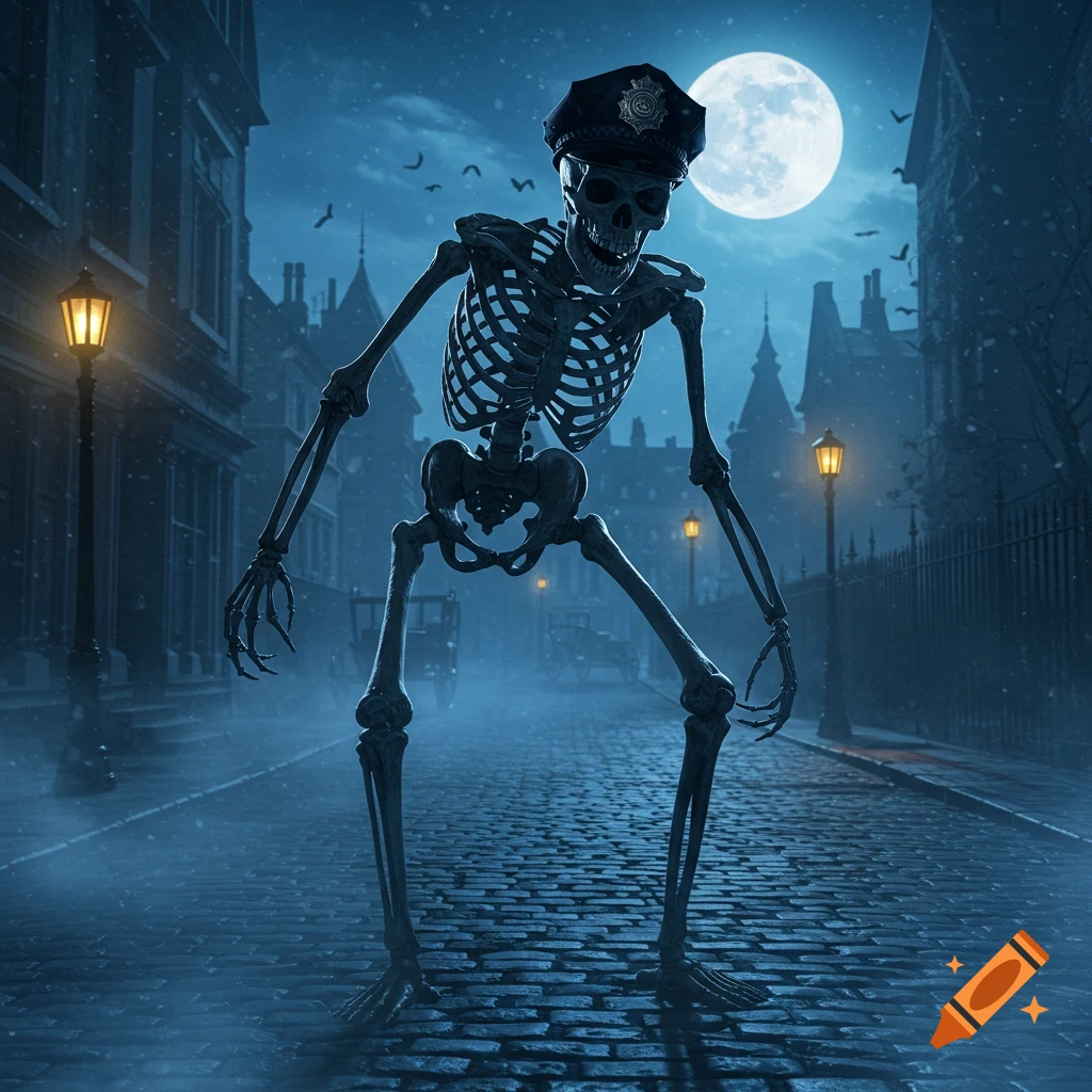 A skeletal figure wearing a police hat stands on a misty cobblestone street under a full moon at night, with old buildings in the background.