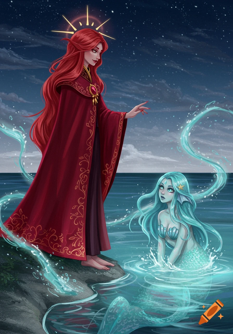 A red-haired woman in a crimson robe stands on a rock, looking at a blue-haired mermaid splashing in the starry ocean. Digital painting.