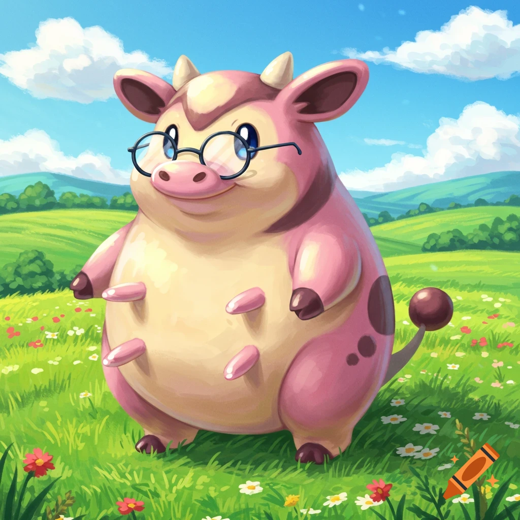 A cute, pink, cartoon Miltank-like Pok 00e9mon wearing round black glasses smiles in a bright green field with wildflowers.