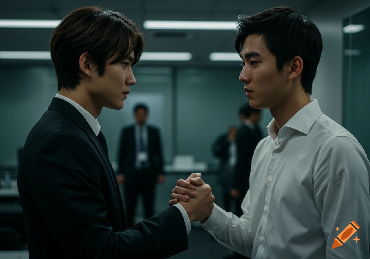 Photorealistic image of two young men, one in a black suit, one in a white shirt, shaking hands with intense eye contact in a modern office.