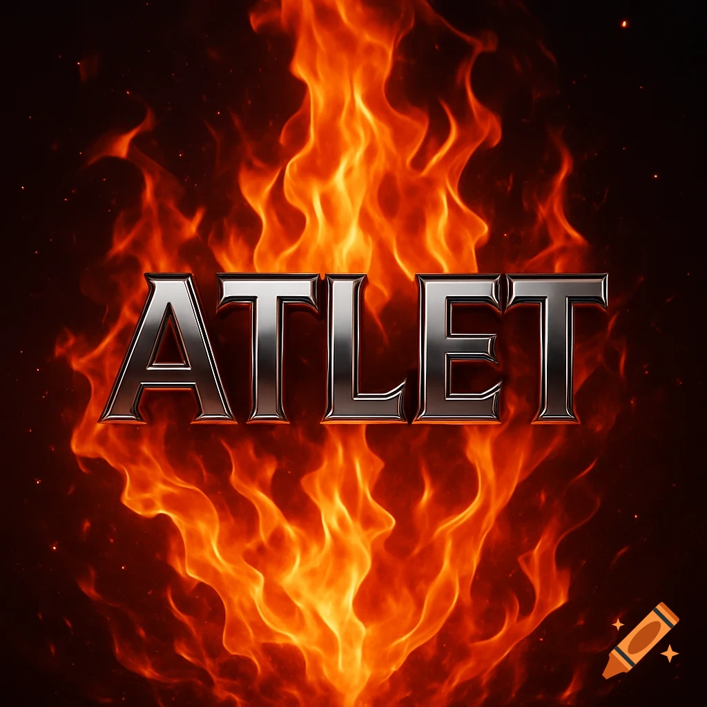 The word ATLET in metallic silver block letters against a vibrant, orange fire background.