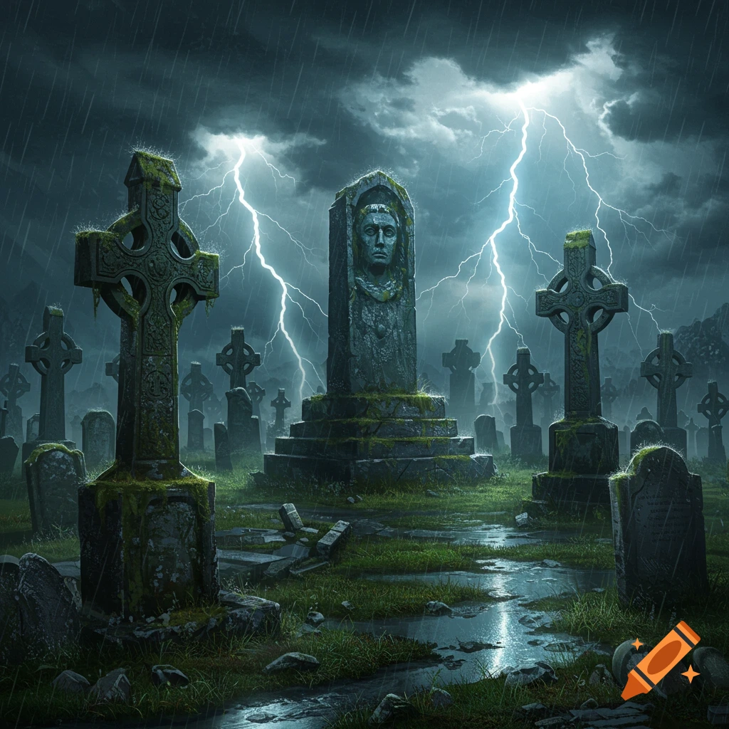A dark and stormy graveyard scene with numerous moss-covered Celtic crosses and tombstones under heavy rain and bright lightning.