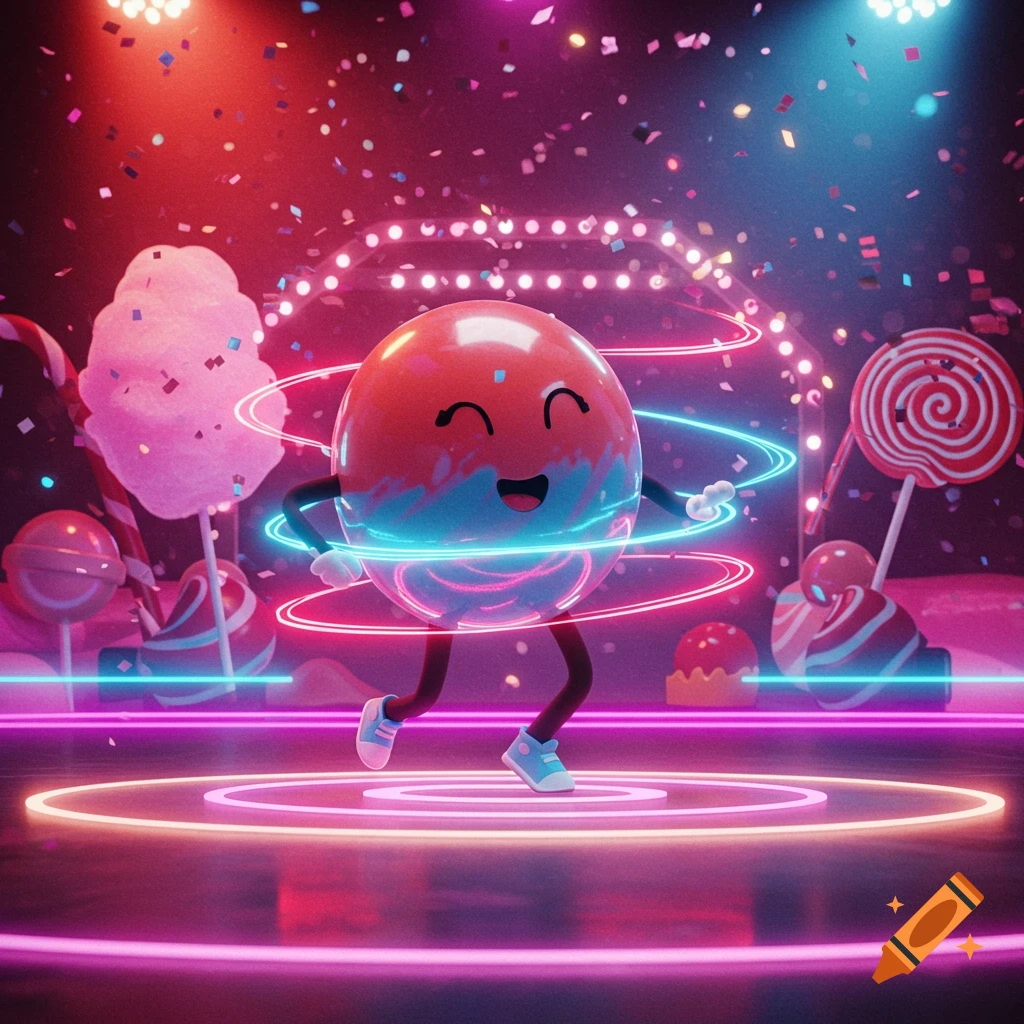 A happy gumball character dances on a neon stage with giant candies and confetti, in a vibrant 3D style.