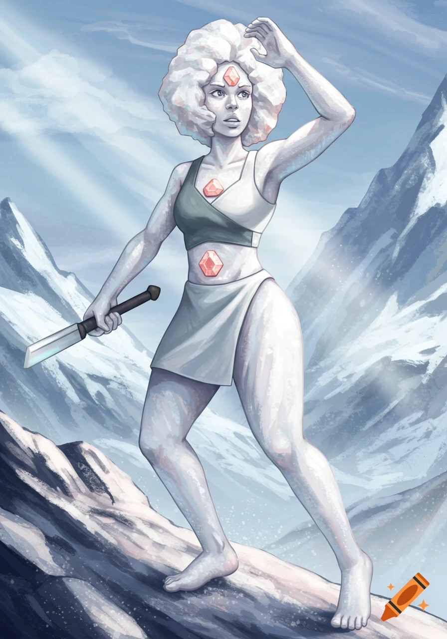 A pale-skinned female warrior with white curly hair and red gems, holding a sword while standing in a snowy mountain landscape, digital art.