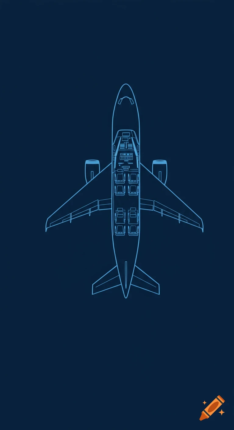 Minimalist light blue line drawing of an airplane from a top-down perspective on a dark blue background, showing interior layout.