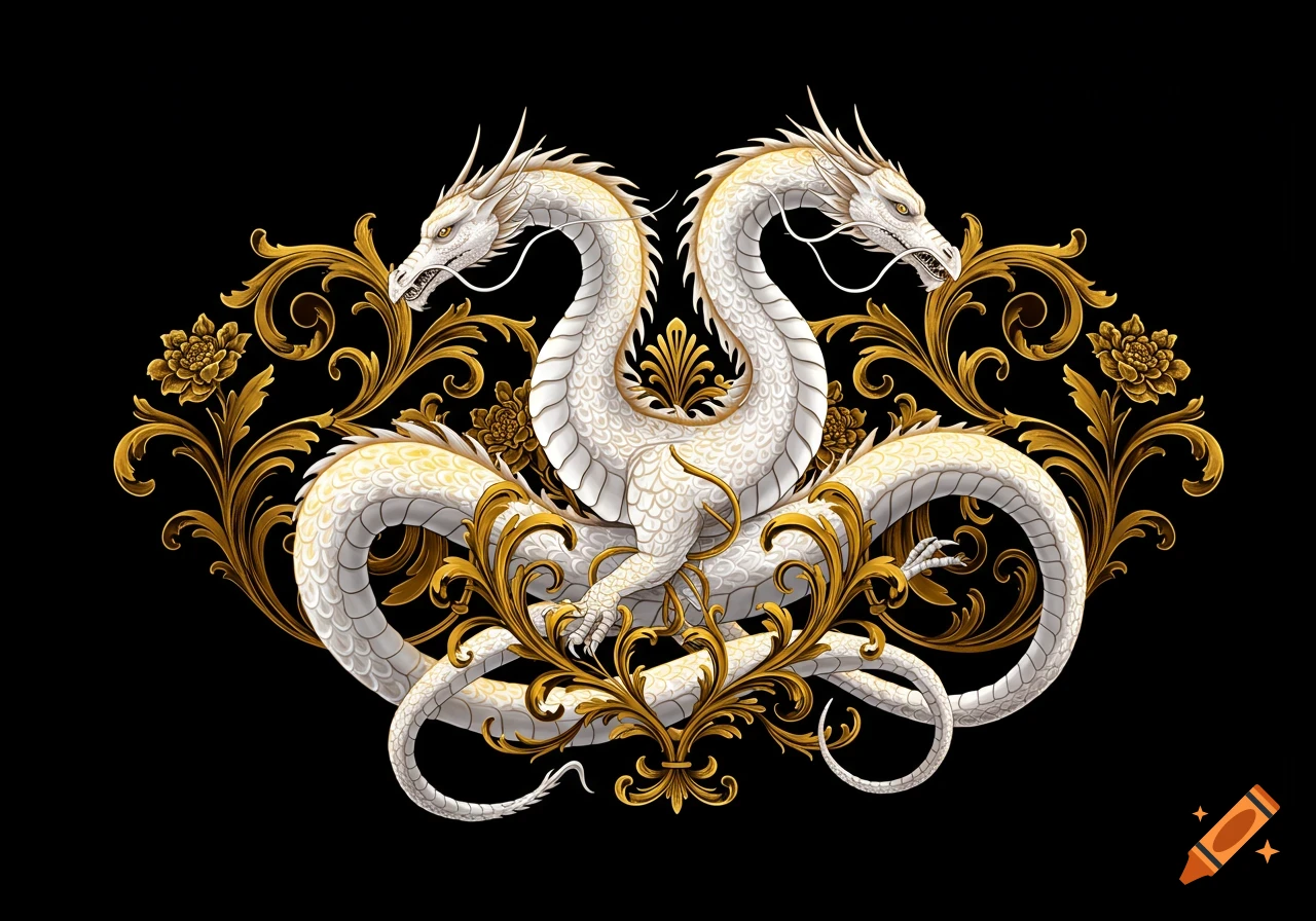 Two white dragons with golden scales and accents intertwined with ornate golden floral patterns on a black background.