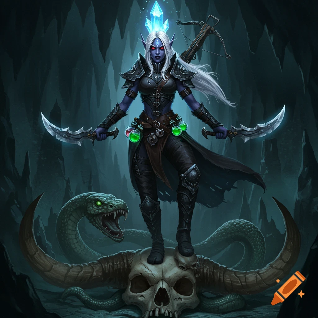 A dark elf warrior with white hair and blue skin stands on a horned skull, holding daggers in a dark cave. Fantasy art.