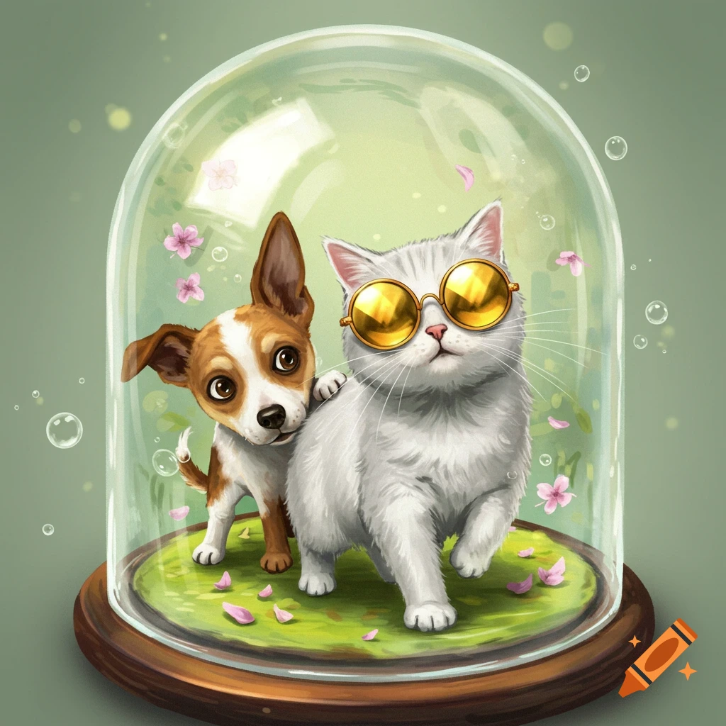 Cute illustration of a scared brown and white dog leaning on a white cat with golden sunglasses, inside a glass dome with flower petals.