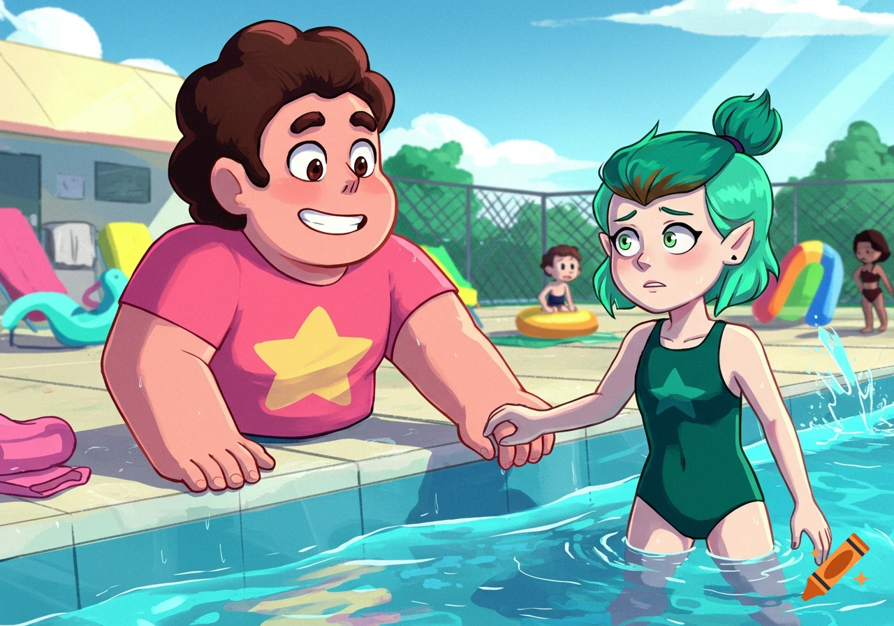Cartoon of Steven Universe holding Amity Blight's hand at a community pool; Amity is in the water looking nervous.