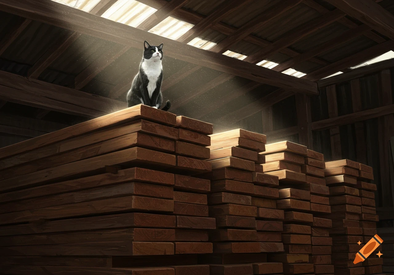 A black and white tuxedo cat sits on a tall stack of wooden planks inside a sunlit lumber warehouse.