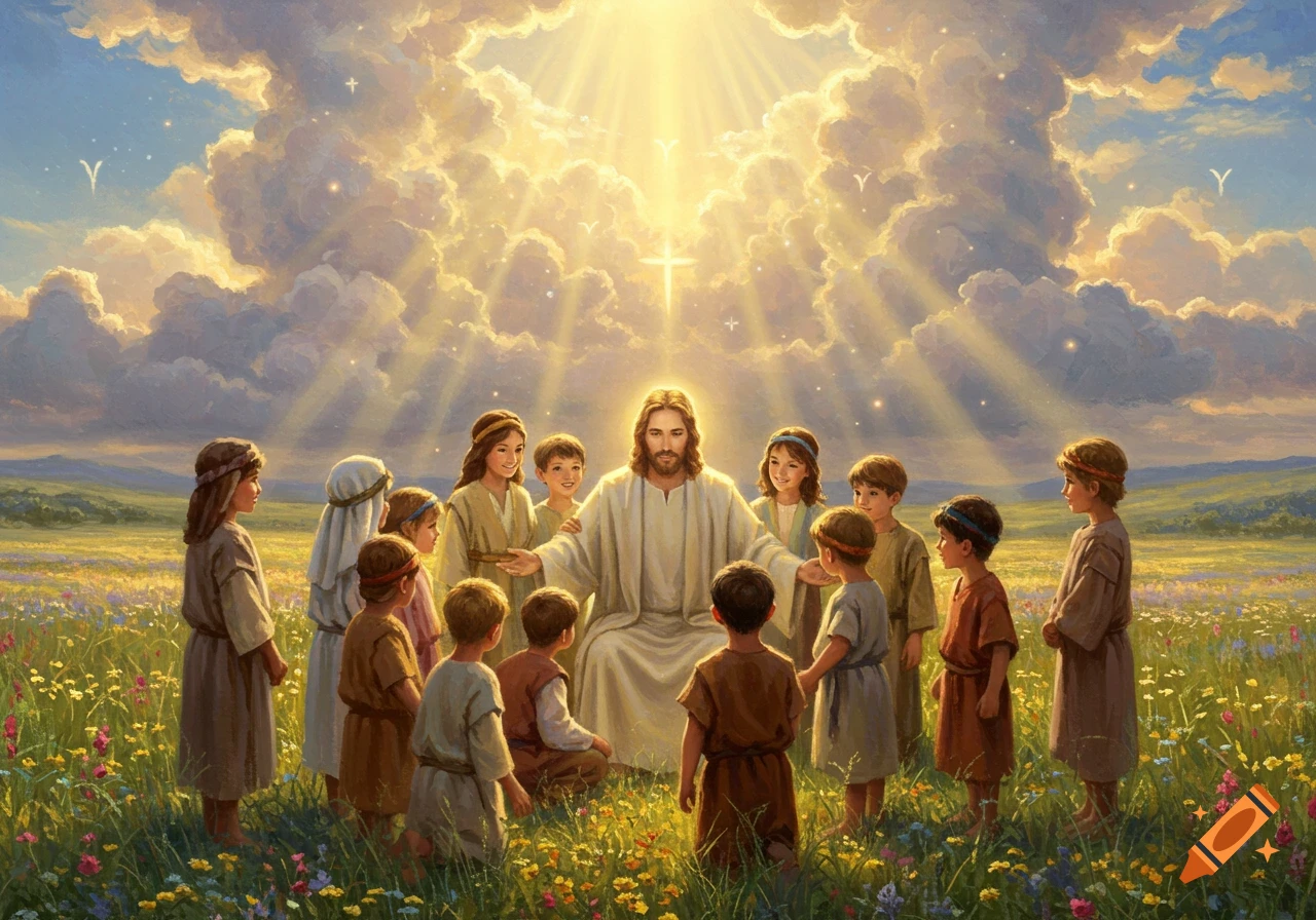 Jesus sits in a vibrant, sunlit field, surrounded by children, under a cloudy sky with divine light, in a painterly style.
