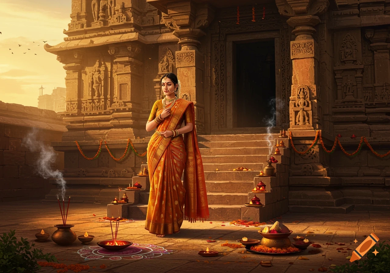 A woman in a traditional orange sari stands in front of an intricately carved stone temple at sunset, with incense and offerings.