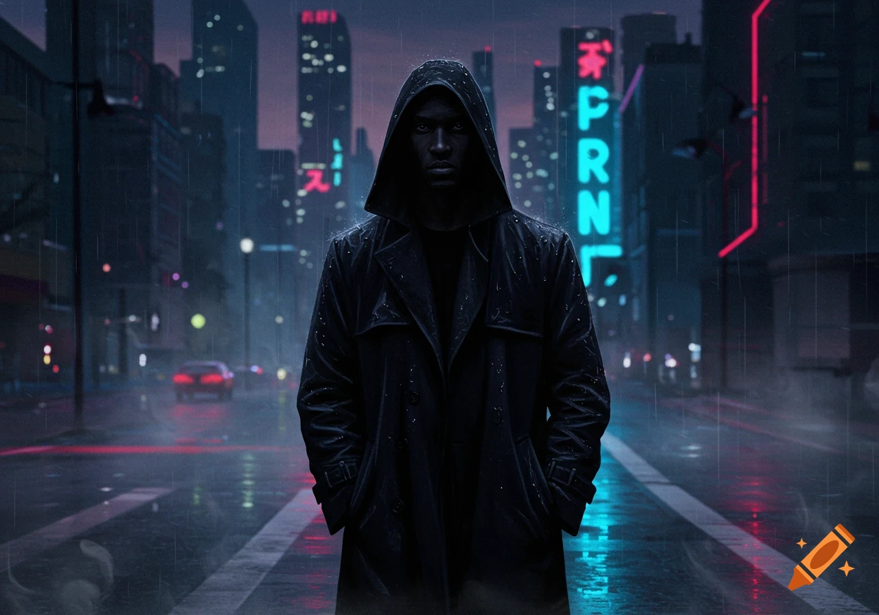 A hooded figure in a dark trench coat stands on a wet, neon-lit street in a rainy cyberpunk city at night.