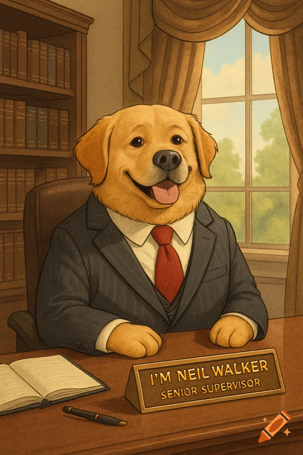 A cartoon golden retriever wearing a suit and red tie sits at a desk with a nameplate saying 'I'M NEIL WALKER SENIOR SUPERVISOR'.