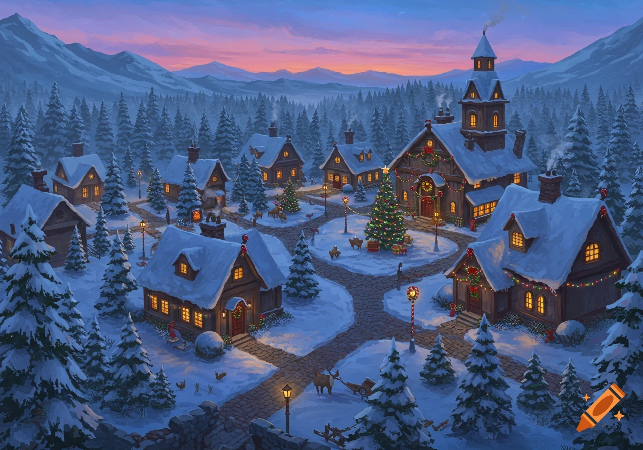 Aerial view of a festive, snow-covered Christmas village among pine trees and mountains at dusk, with warm lights glowing.