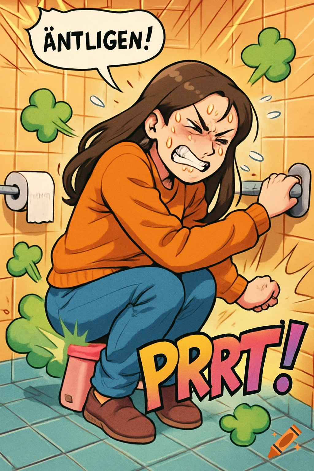 Anime illustration of a woman straining on a tiny potty in a bathroom, with fart clouds and text "PRRT!" and "ÄNTLIGEN!".