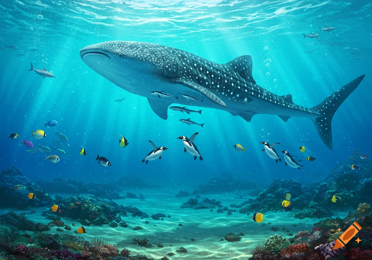 An illustrated underwater scene shows a large whale shark, penguins, and colorful fish swimming above a vibrant coral reef.