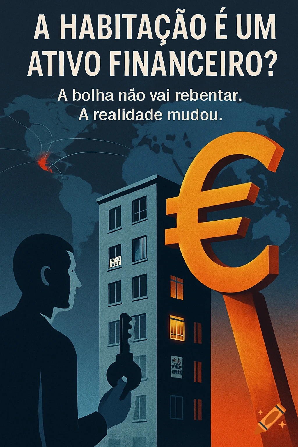 Stylized digital artwork depicting a man with a key looking at a building, overshadowed by a large euro symbol, against a world map background. Portuguese text discusses housing and finance.
