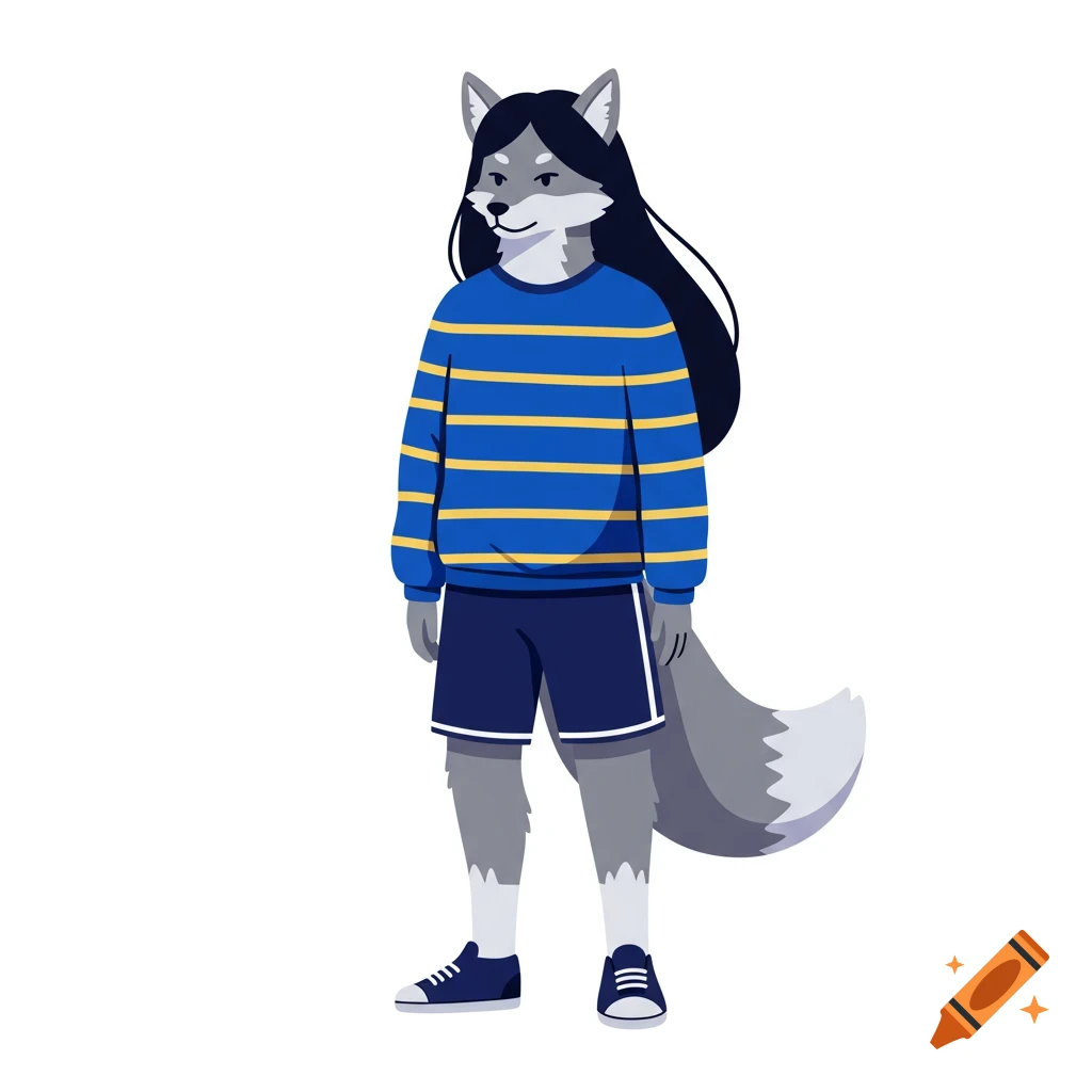 A cartoon anthropomorphic fox-like character with gray fur and long black hair, wearing a blue and yellow striped shirt, navy shorts, and sneakers.