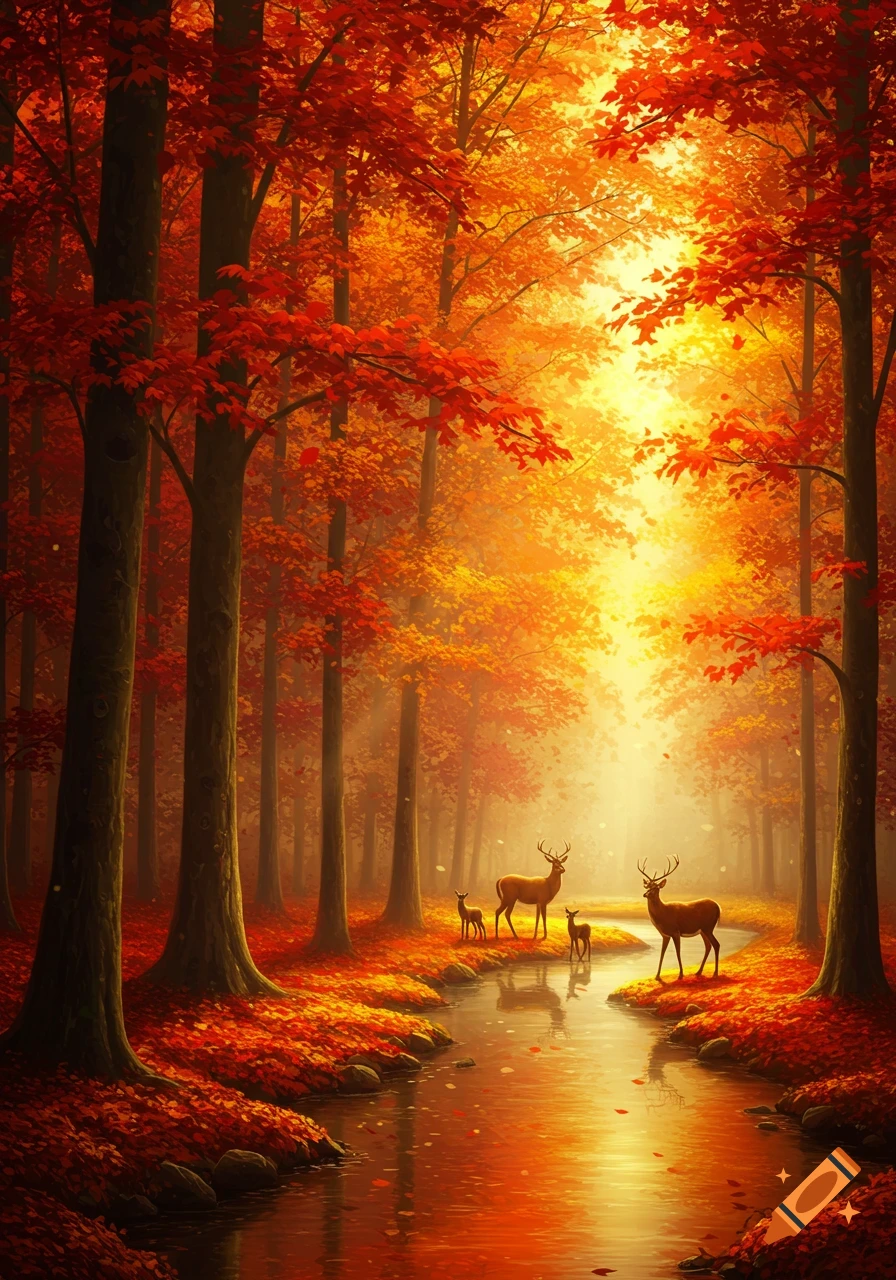 A radiant autumn forest with trees ablaze in red and orange leaves, a peaceful stream reflecting the golden light, and several deer along its banks.