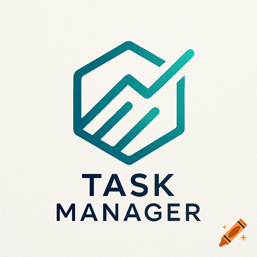 A modern minimalist logo with a teal-to-green hexagon icon and 'TASK MANAGER' text below it.