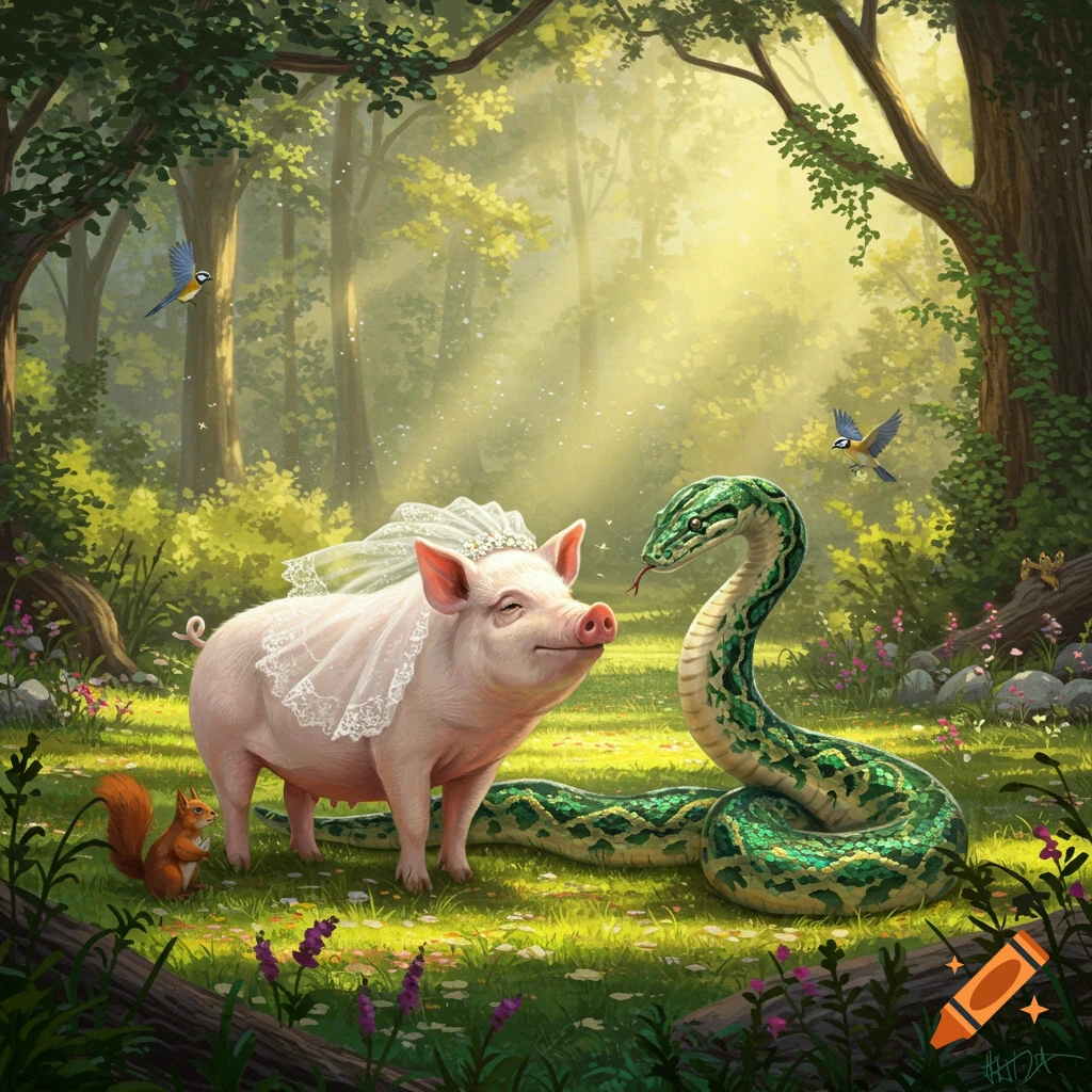 A pig in a white wedding veil gazes at a green snake in a sunlit forest, with a squirrel and birds nearby.