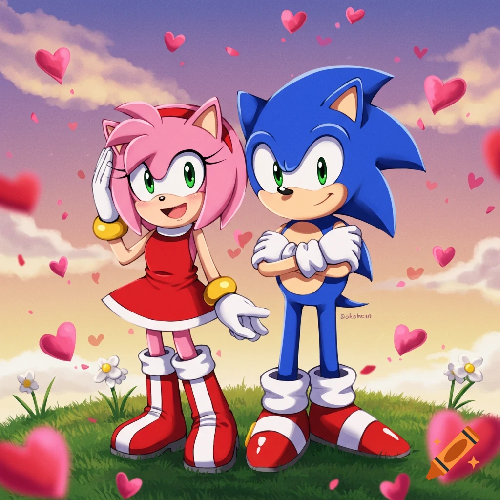 Amy Rose and Sonic the Hedgehog stand on a grassy hill with flowers and floating pink hearts under a colorful sky.